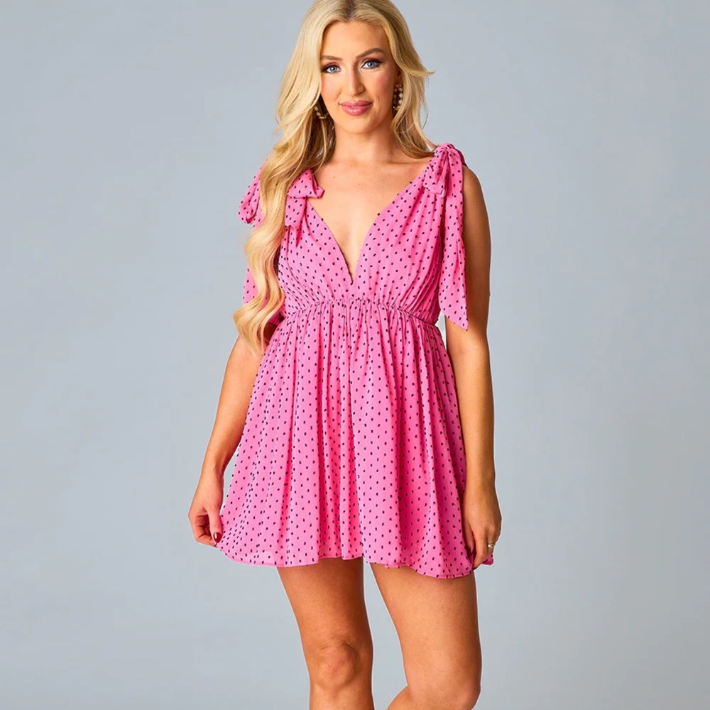 Cute frilly pink dot mini dress with bow tie sleeve BuddyLove Melanie Dress